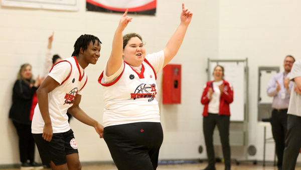 Senior Makayla Marzec celebrates after scoring a first quarter basket